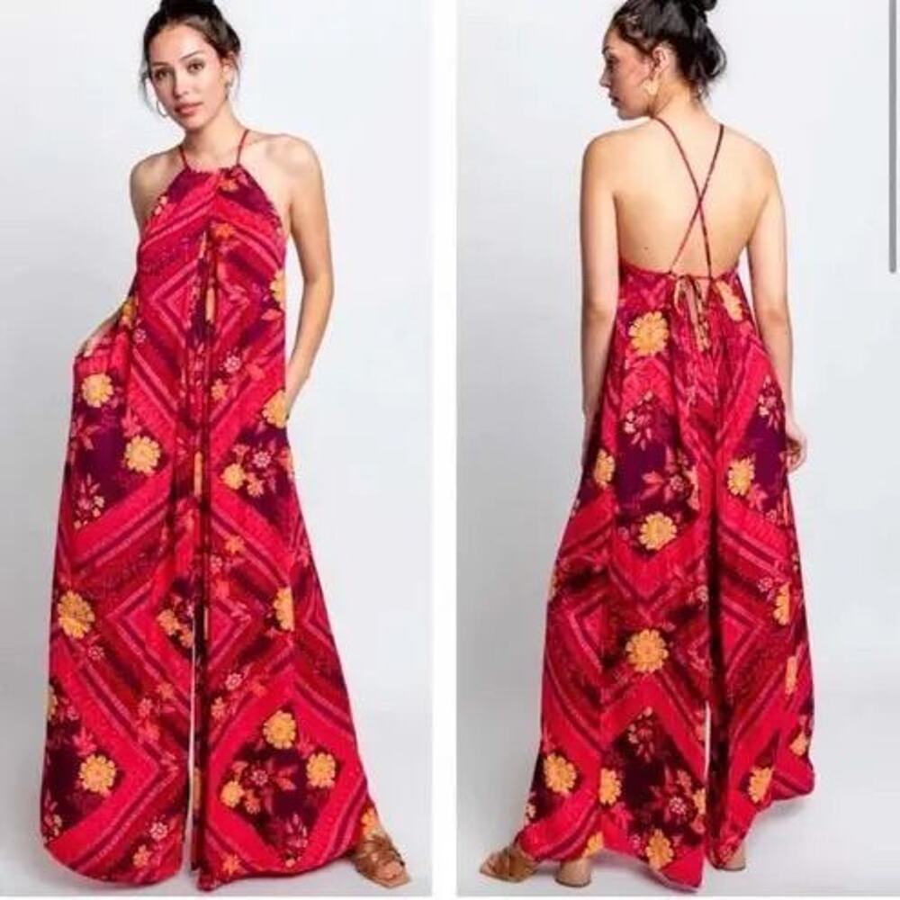 Free People Luca Floral Halter Neck Wide Leg Jumpsuit
